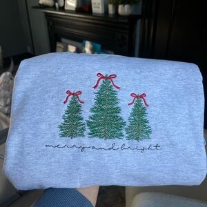 Embroidered Festive Gray Holiday Sweatshirt with Christmas Tree Design